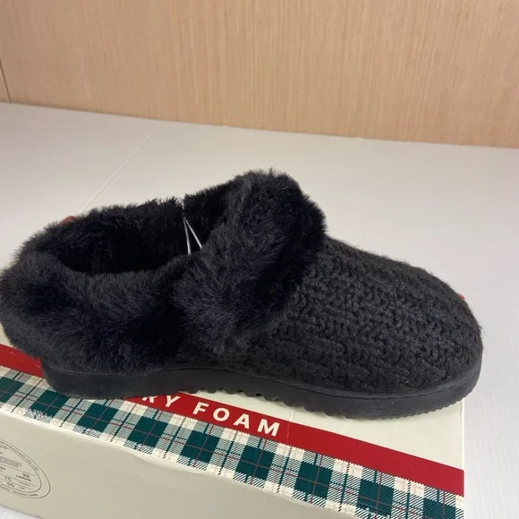 Dearfoams Memory Foam Slippers Black Faux Fur Knit Women’s 5-6 NIB - Picture 4 of 9